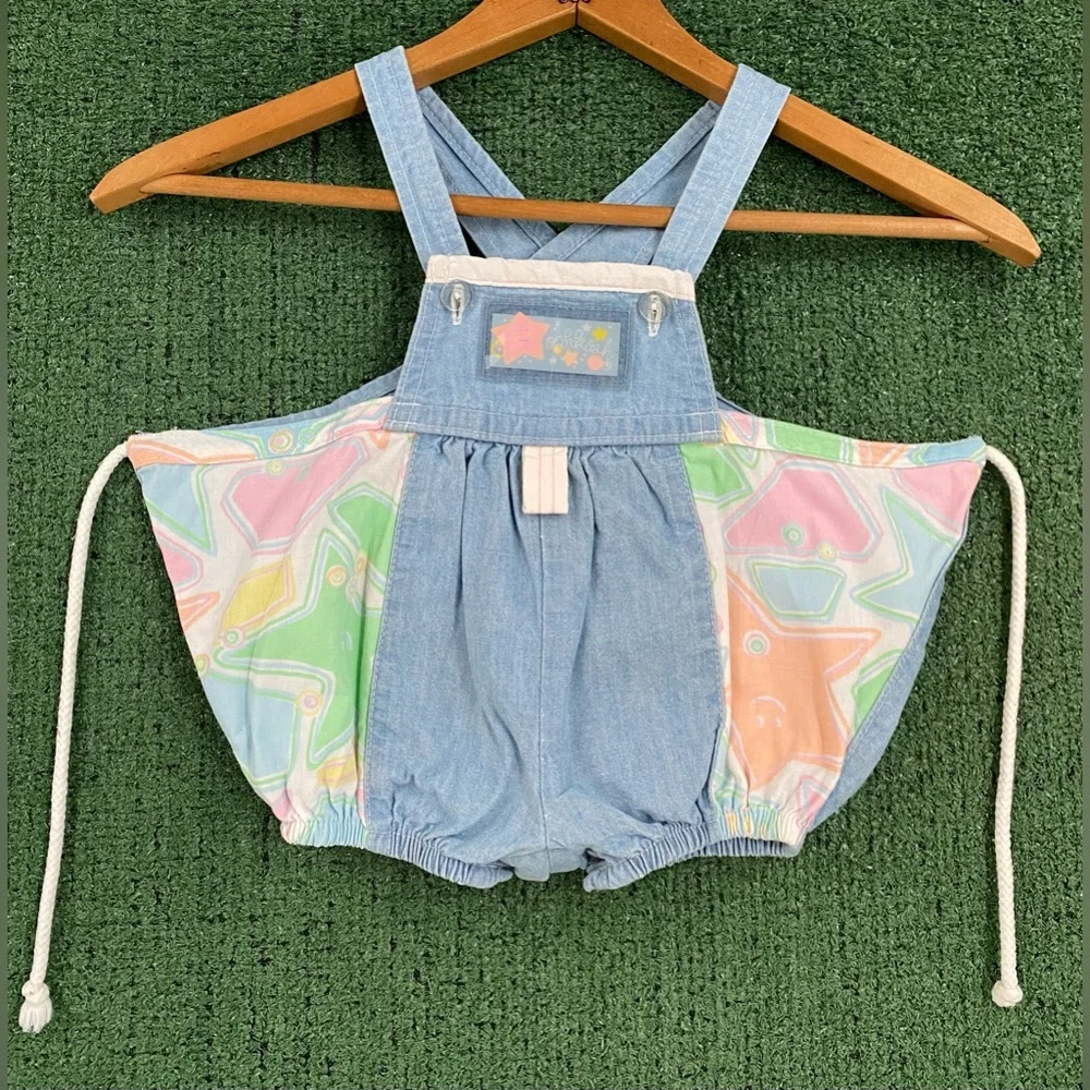 Rare VTG 90’s OshKosh B’Gosh Star Print Denim Bubble Romper Baby Girl 0-3 Months